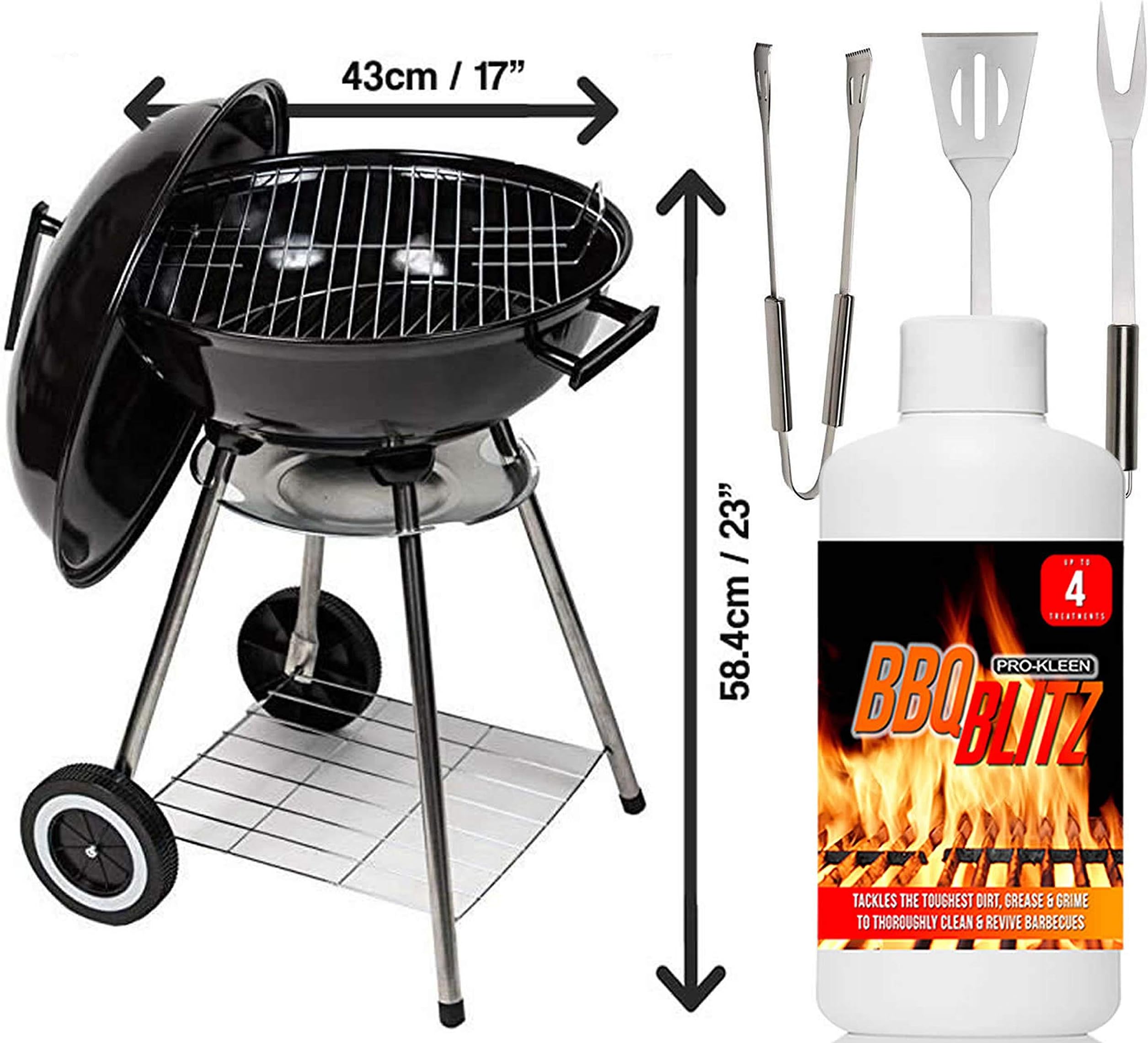 MYLEK Charcoal BBQ Grill With Lid, Portable Kettle Barbecue 17" Inch, 3 Piece Cooking Tools Utensil Accessory Set and 1L BBQ Grill Cleaner With Bags
