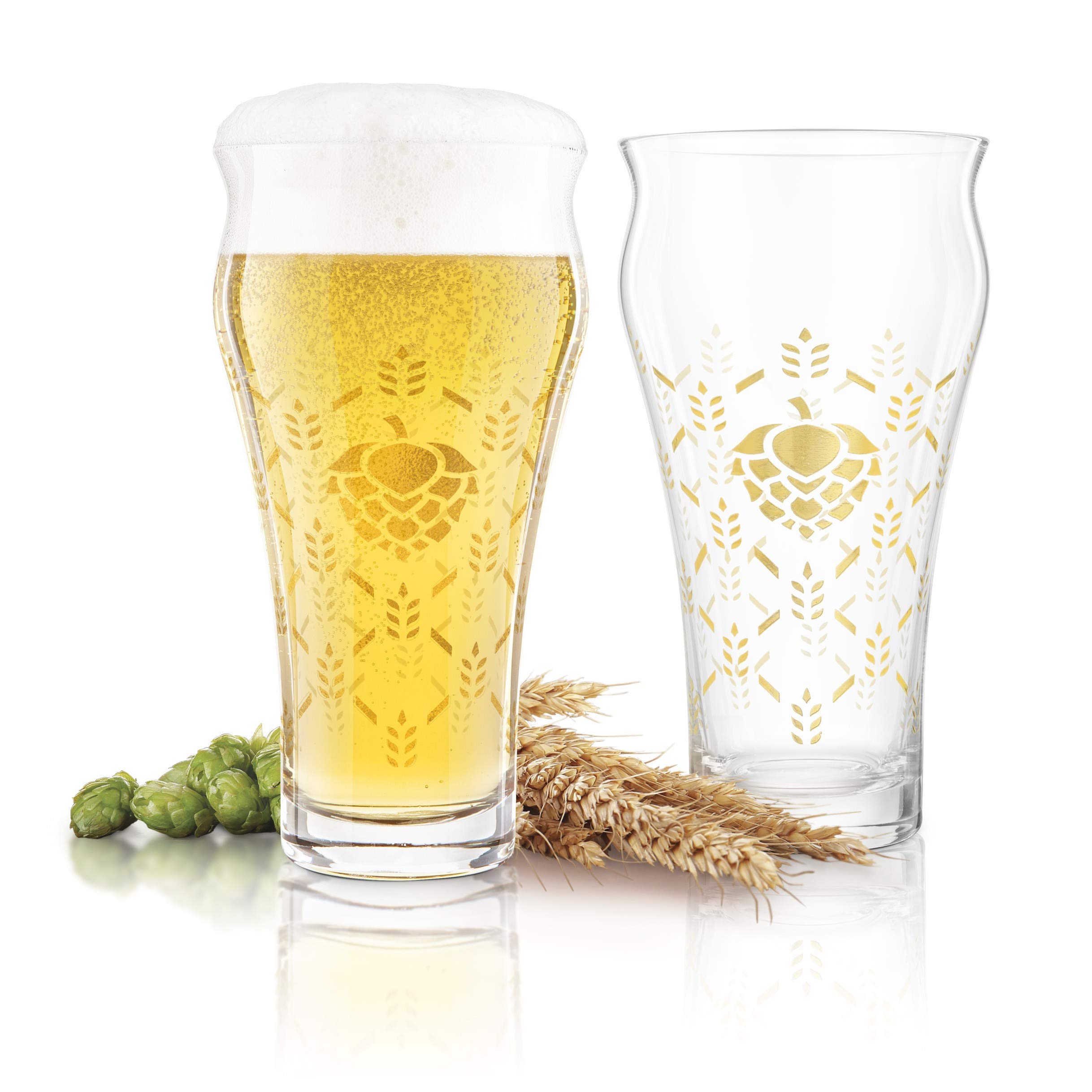Final Touch Barley & Hops Brewhouse Beer Glasses, Set of 4 with Gold Foil Design (GG5030)