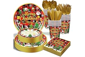 OUNIY Christmas Party Decorations Supplies - 175 PCS Merry Christmas Red Plaid Disposable Dinnerware Set Xmas Paper Plates and Napkins Sets with Cups Fork Spoon for Holiday Party Supplies, Serve 25