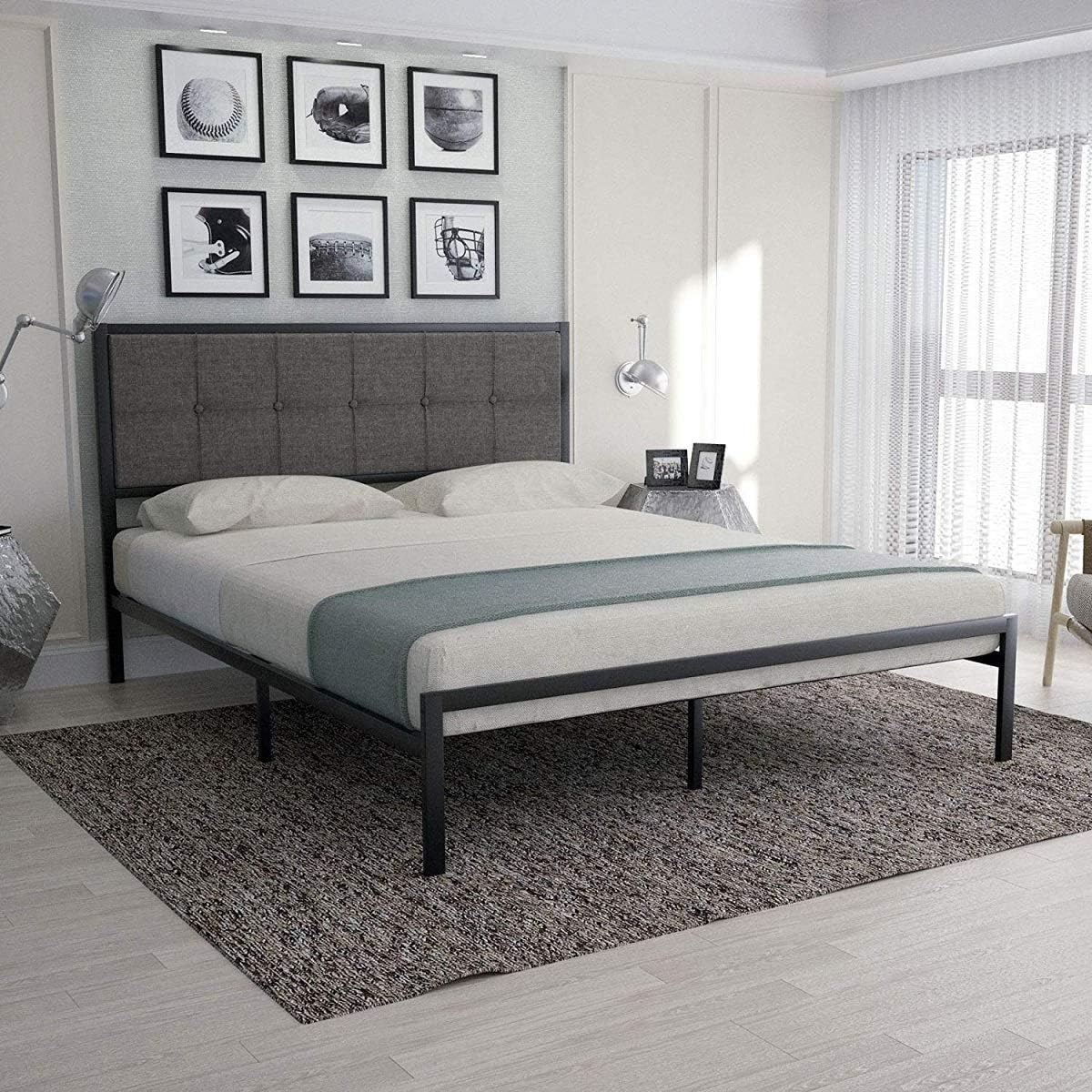 Amolife Queen Bed Frame/Upholstered Button Tufted Square Stitch with Headboard/Mattress Foundation/Platform Bed Easy Assembly/No Box Spring Needed/Strong Metal Slat Support,Dark Grey
