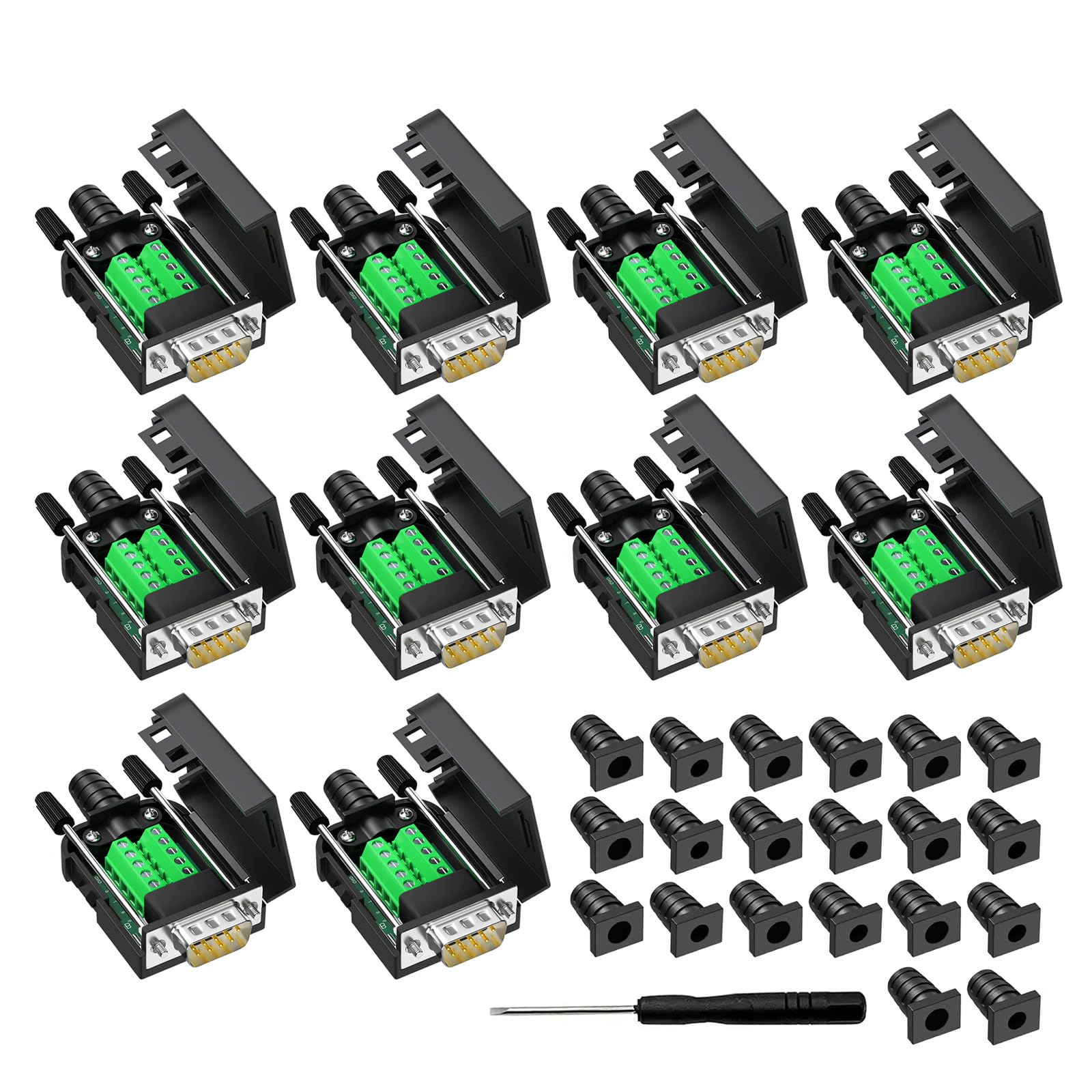 YIOVVOM DB9 Breakout Connector, Male 9 pin RS232 connectors, Solderless D-SUB RS485 Serial Adapter Module Board with Screw Terminals, Case, Long Bolts Set of 10