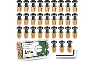 Bemaka 30 Sets 1/4-20 x 3/4" Furniture Screw Threaded Wood Inserts, Screw-in Nuts 1/4-20 x 19/32" Furniture Bolts Fastener Connector Hex Socket Drive with Two Hex Wrenches