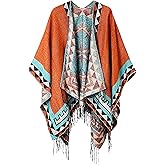 Hoosige Women's Tassel Open Front Poncho Cape 51.2 x 61'' Reversible Winter Warm Shawl Wrap Printed Poncho Cardigan for Women