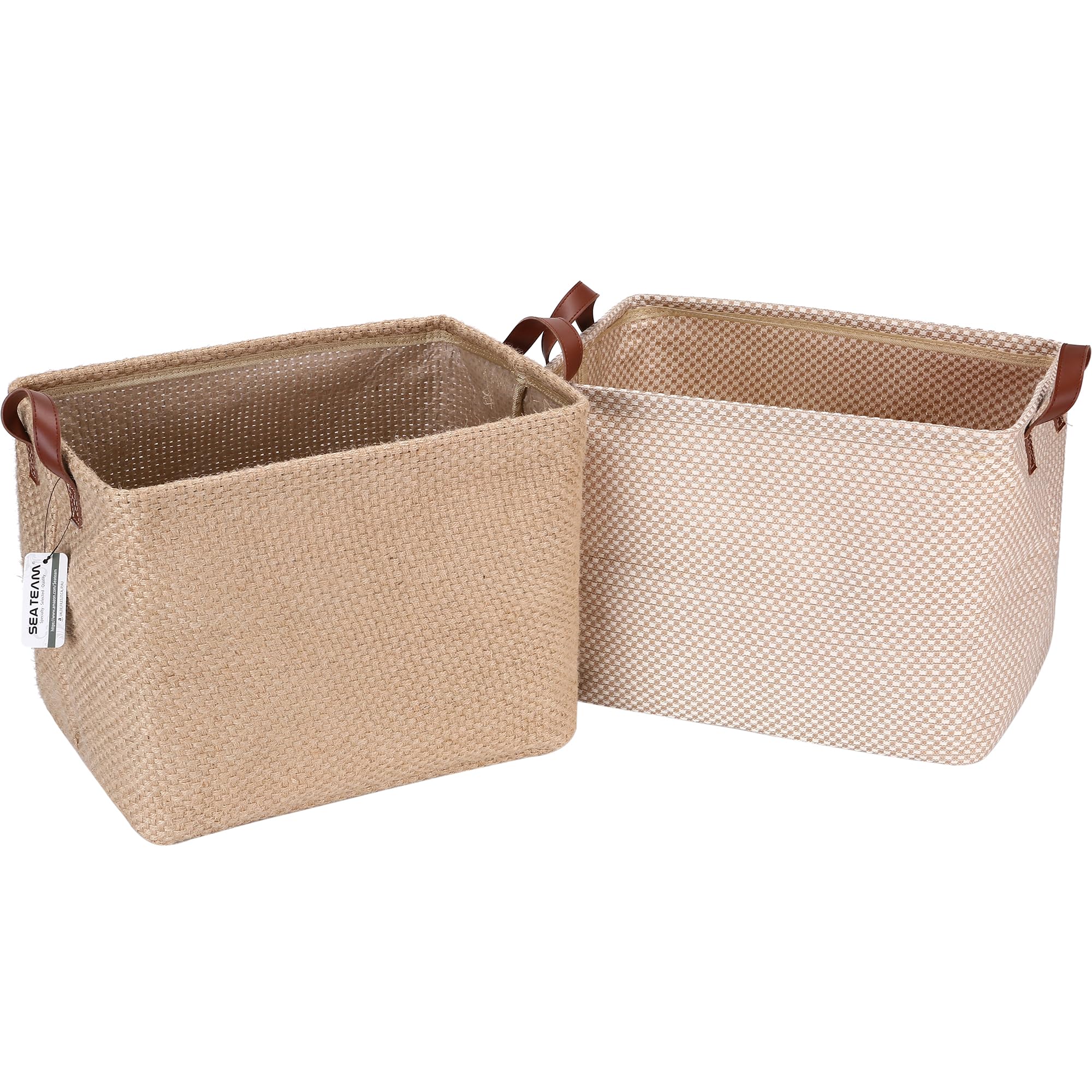 Sea Team 2 Pack Jute and Cotton Linen Large Storage Basket Cute Square Box for Toiletry Toy Sundry Item 28.7 Liters Desk Gadget Organizer (Style A)
