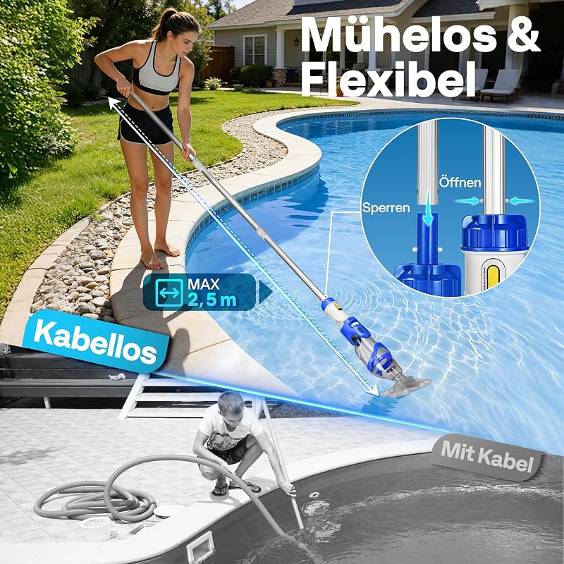 Poolsauger Akku 4300 LPH Absaugung mit 250cm Verlängerungsstange