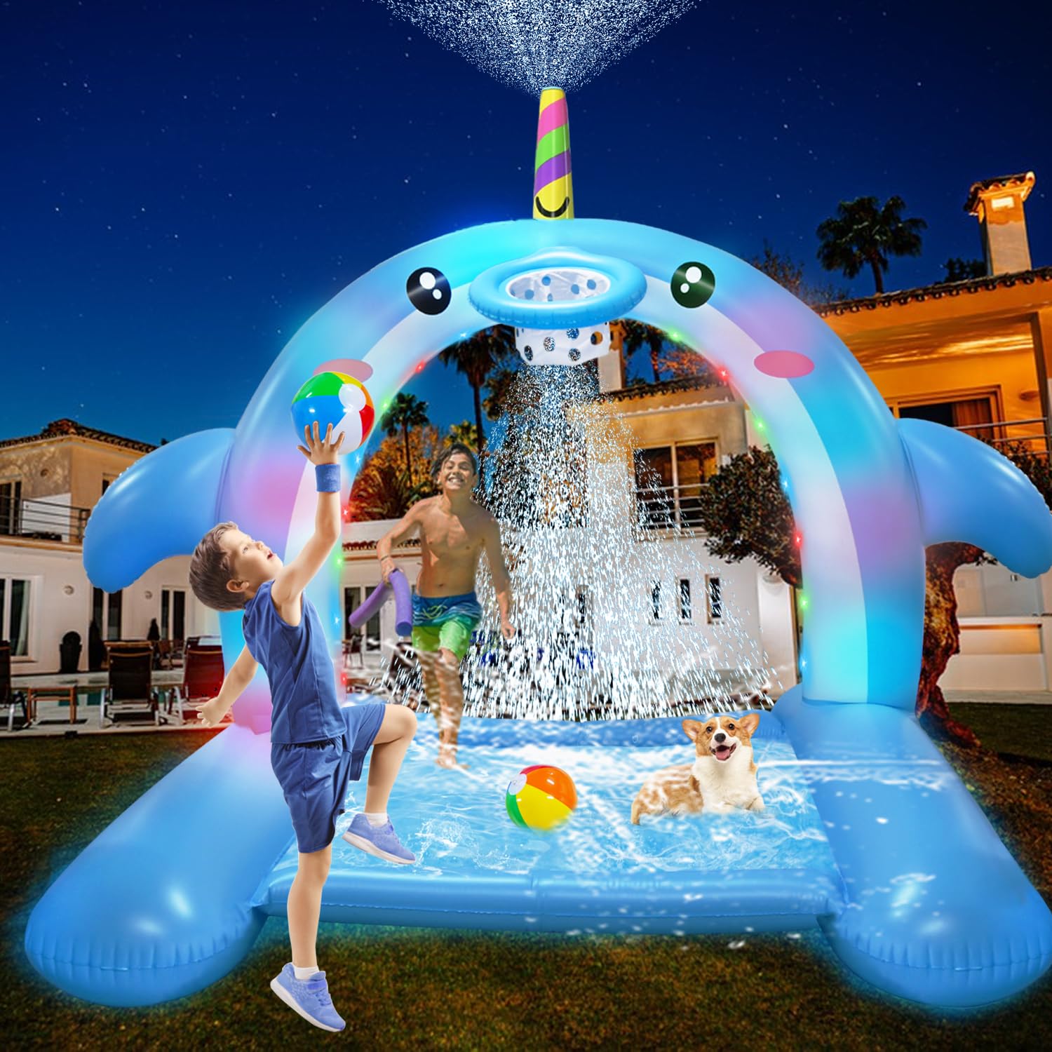 Photo 1 of 8.7FT Inflatable Whale Sprinkler Water Toys with Basketball Hoop Arch, 3-in-1 Large Splash Pad for Kids & Dogs, 16 LED Lights, Thickened Mat Toys for Outdoor Backyard & Garden Summer Fun