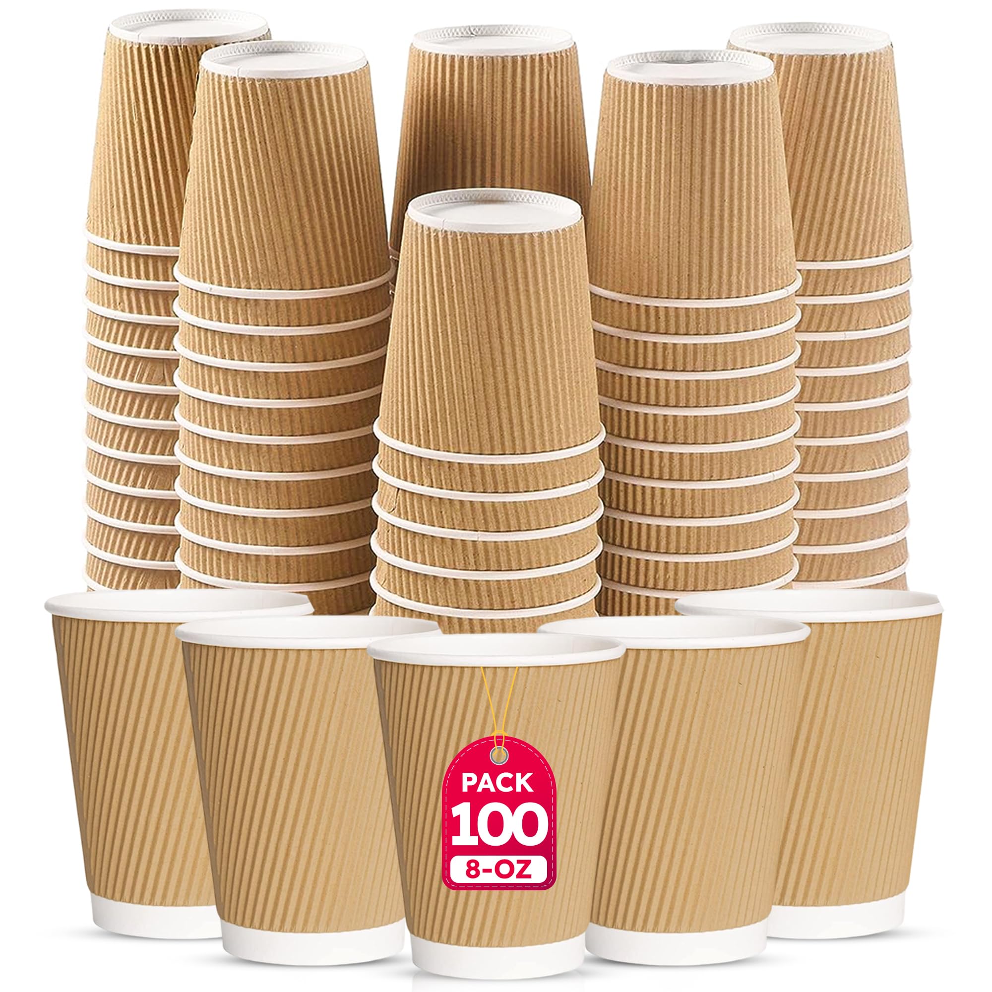 CHEF ROYALE 100 x 8oz Disposable Coffee Cups Without Lids - Takeaway Paper Cups for Hot & Cold Drinks - Kraft Triple Walled Disposable Paper Ripple Cups - Reusable Takeaway Coffee Cups (Without Lids)
