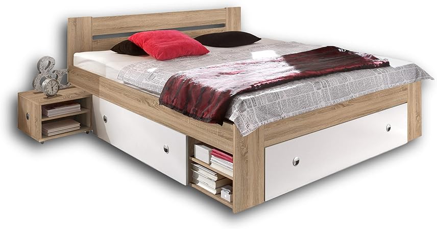 Stella Trading Stefan Doppelbett Bettanlage 140 X 200 Cm Mit 2x Nachtkommoden Schlafzimmer Komplett Set In Eiche Sonoma Optik Weiss 145 X 86 X 204 Cm B H T Amazon De Kuche Haushalt