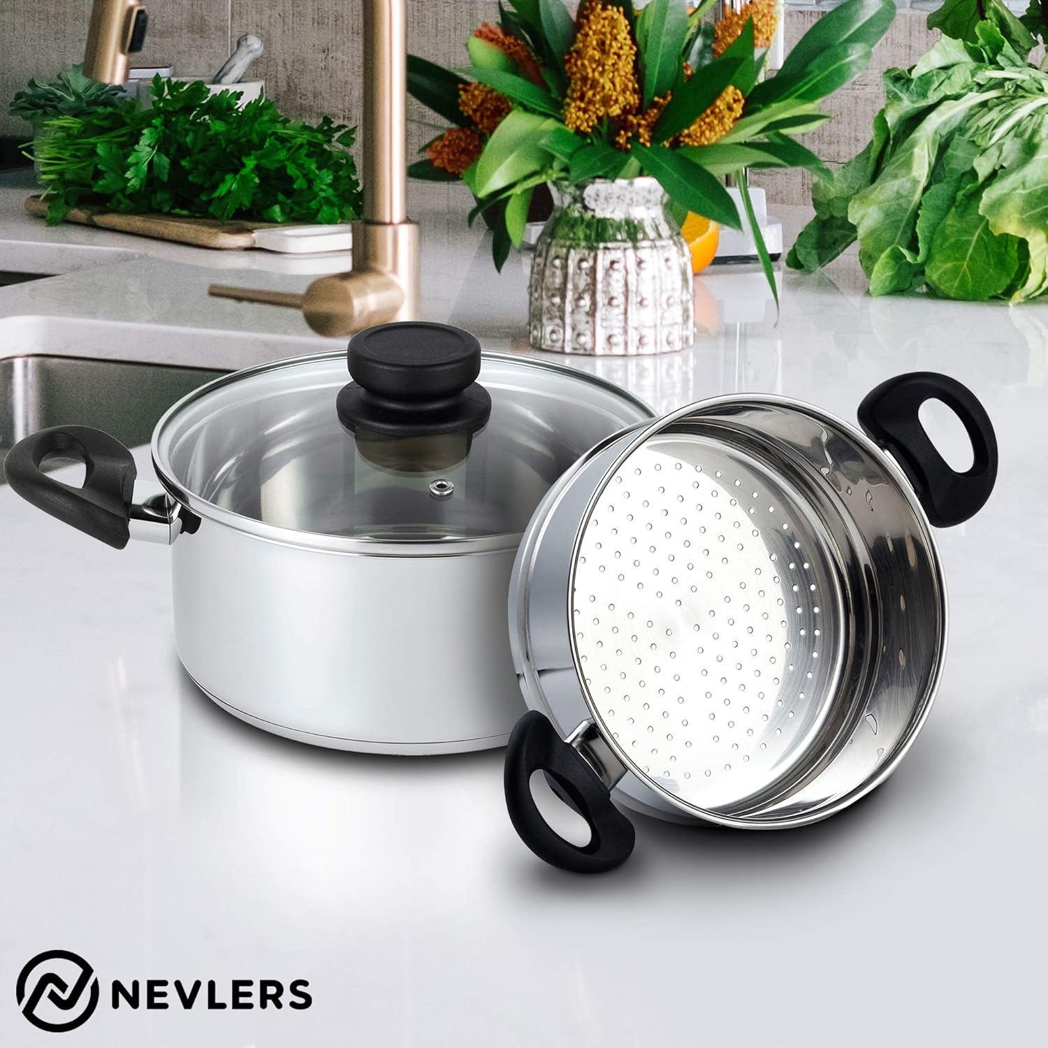 Nevlers Stainless Steel 3 Quart Steamer Pot with 2 Quart Steamer Insert and Glass Vented Lid - 3 Piece Set - Safe and Durable - Great Addition to Every Kitchen: Kitchen & Dining