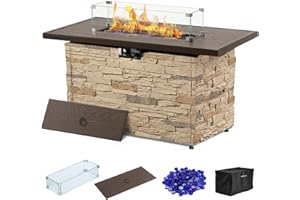 PIZZELLO 43¡± Propane Fire Pit Table Outdoor Rectangular Stone Firepit Table 50,000 Btu Propane Fire Tables for Outside Patio with Glass Wind Guard, Lid, Fire Glass Beads,Buff Rock Look