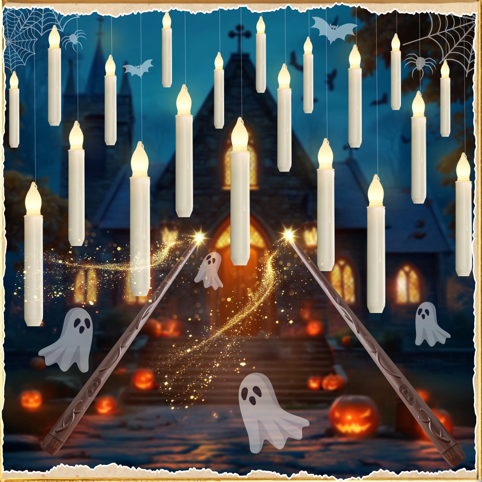 Photo 1 of Homemory Hanging 20 Pcs Floating Candles with 2 Wand Remote and String, Flying Flameless LED Taper Candles Warm White Light, Battery Operated Window Candle for Halloween Christmas Party