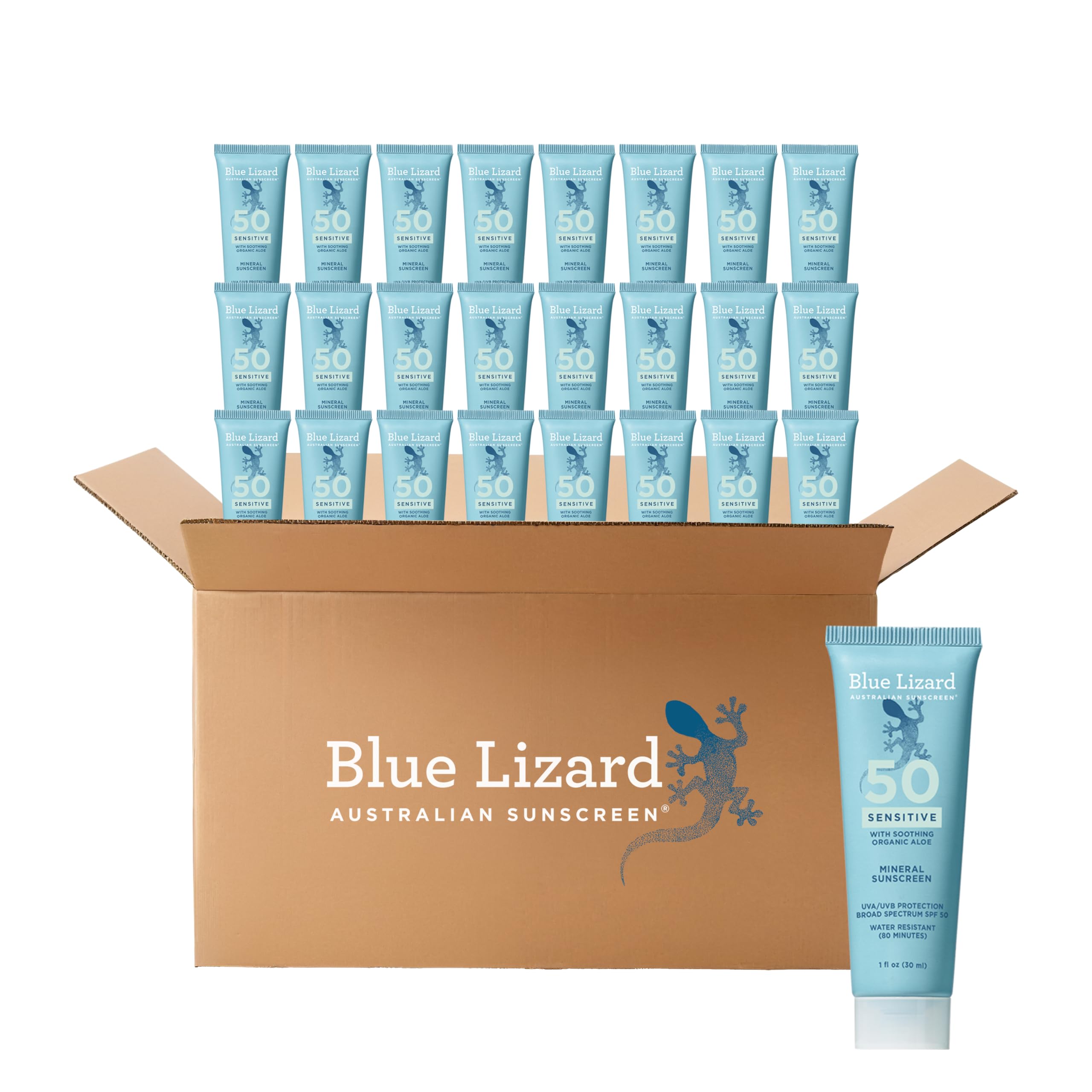 Blue Lizard Sensitive Mineral SPF 50 Sunscreen Lotion, 100% Mineral Active Sunscreen, Travel Size, UVA/UVB Protection, Infused with Organic Aloe Vera, We Love The Reef Formula, 1 fl oz, 24-Pack Image