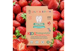 LILY & EDITH Kids Plant Based Dental Floss Picks 200 Counts, Fluoride Free, Corn Starch Material, Chemical Free, Fun Animal Flossing Sticks, Ultra Sturdy Thread, Zero Waste Package (Strawberry)