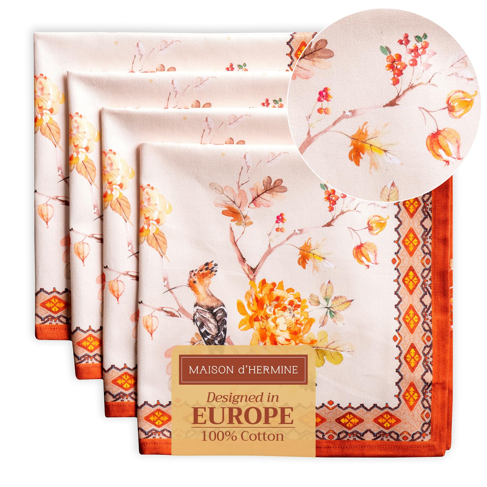 Maison d' Hermine Cloth Napkins Set of 4 100% Cotton for Christmas Decorations Everyday Reusable Square Autumn Napkins Cloth Washable Dinner Party Wedding (Kelim - Prairie, 45 CM x 45 CM)