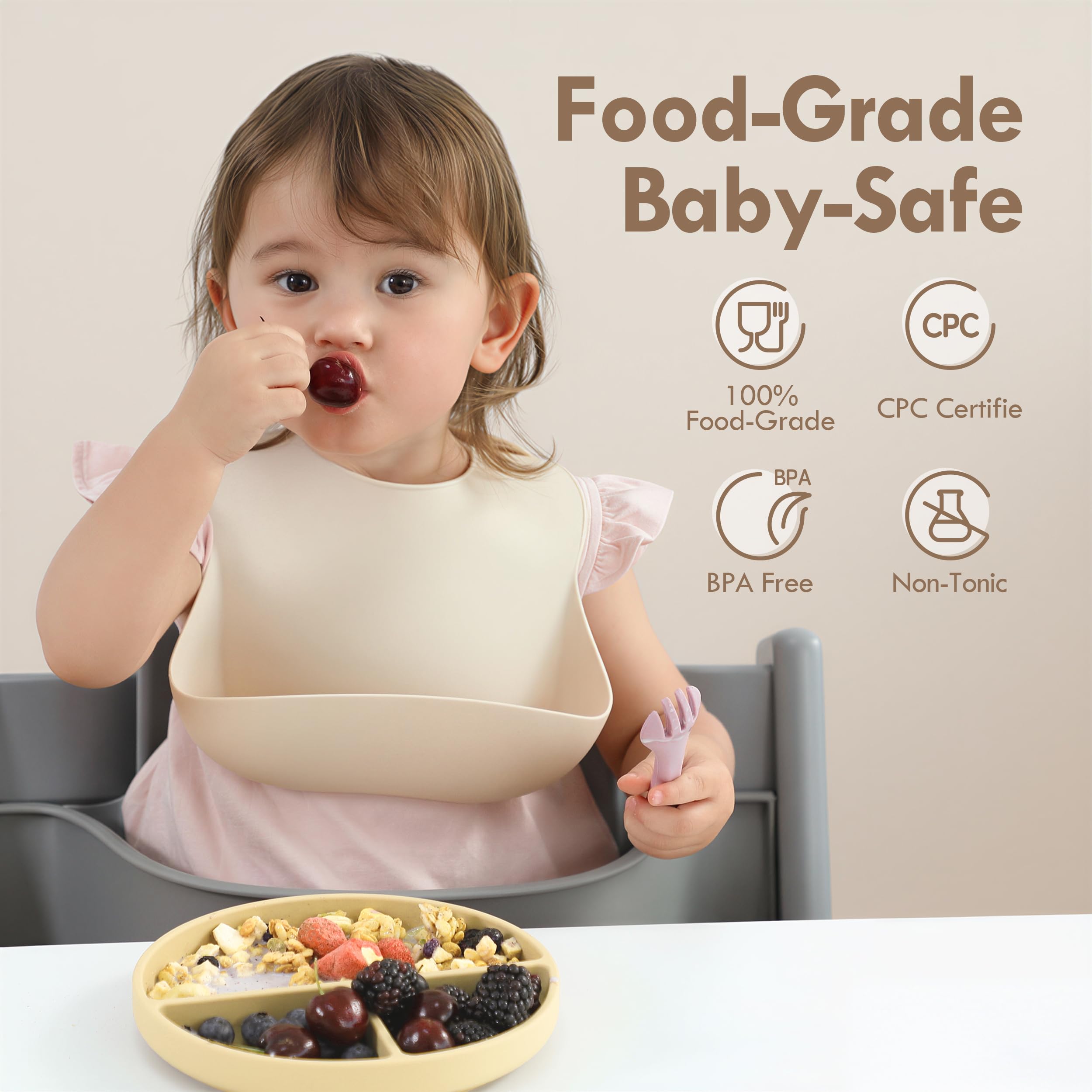 Moonkie 2pc Silikon Kinderteller mit Deckel, Baby teller mit Saugnapf, BPA-freie Rutschfest Geteilte Geschirr Set mit Gabeln und Löffel, Mikrowellen und Spülmaschinenfest(Blush/Pale Mauve) 2