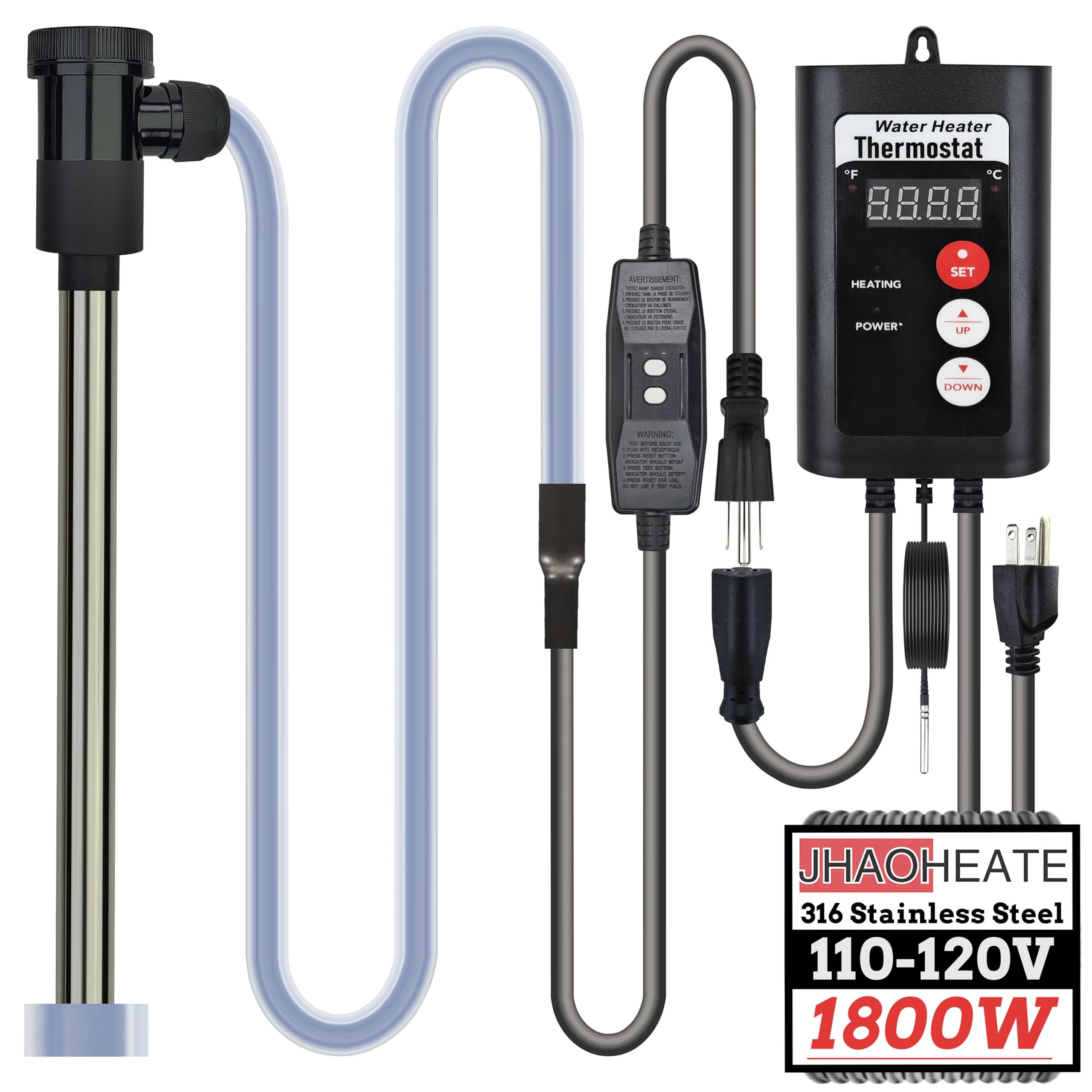 Photo 1 of JHAOHEATE1800W Immersion Water Heater with GFCI & Temp Control -Portable Submersible Water Heater for Inflatable Pool,Above-Ground Pool, Bathtub, Spa, Bucket, Baptistry, Baptismal Pool and Hot Tub