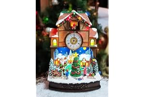 MOMENTS IN TIME Christmas Village Cuckoo Clock Animated Santa & Tree Scene with LED Lights and Music Plug-in Adapter Holiday Tabletop Decoration (17.5”H)