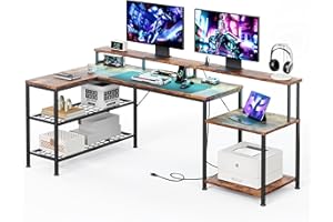 KitMent Corner Desk with Storage Shelv, 70 Inch Computer L Shaped Desk with Adjustable LED, Large Work Desk with Charging Sta