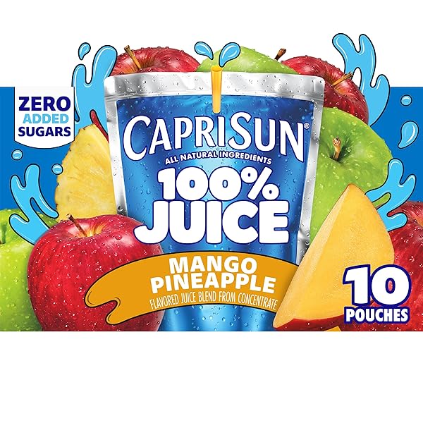 CAPRI SUN MANGO PINEAPPLE FLAVORED 100% JUICE BLEND FROM CONCENTRATE WITH ADDED INGREDIENTS AND OTHER NATURAL FLAVOR, 10 CT BOX, 6 FL OZ POUCHES