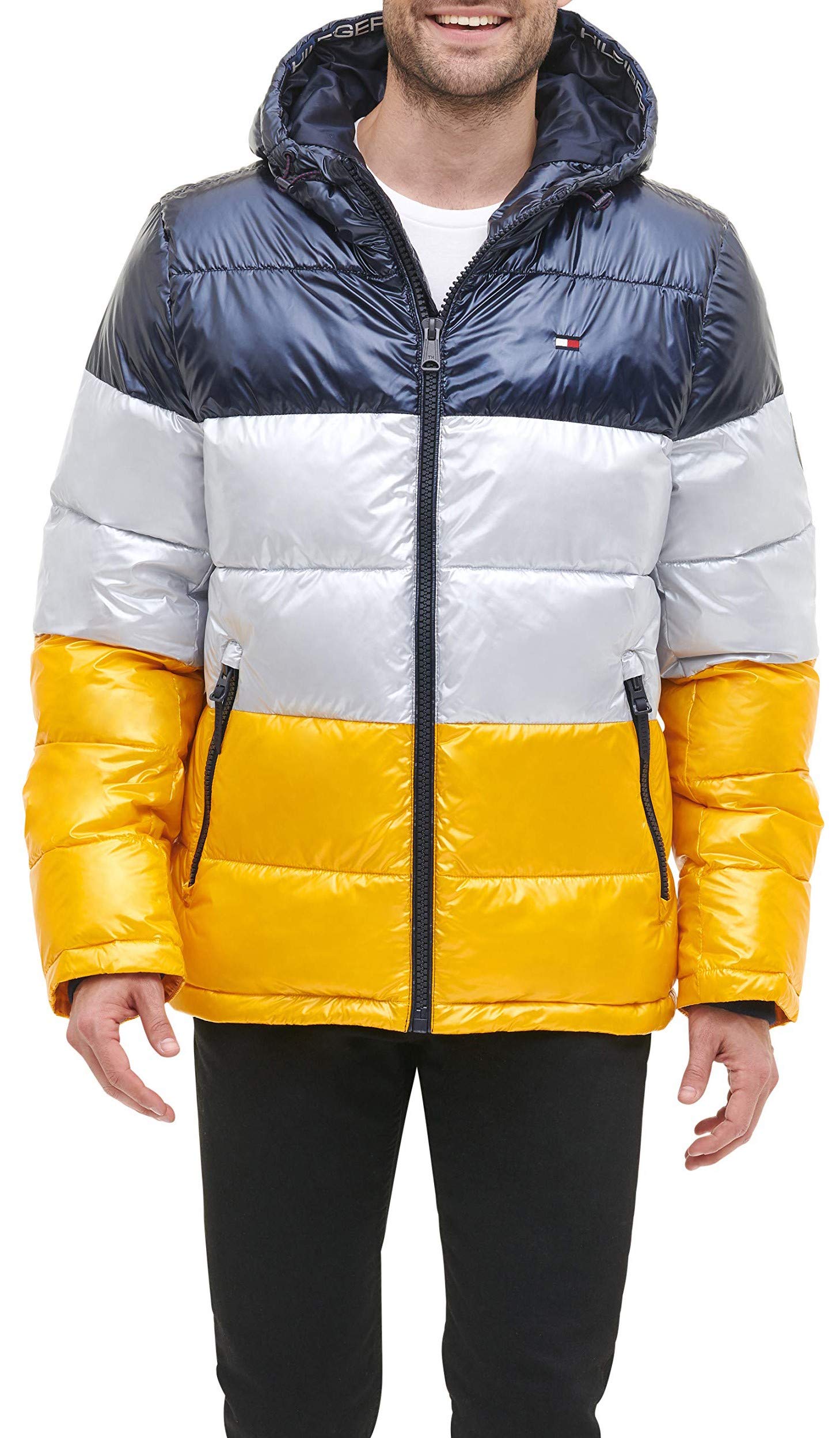 Tommy Hilfiger Men's Classic Hooded Puffer Jacket (Standard and Big & Tall), Pearlized Yellow/Navy, Small Image