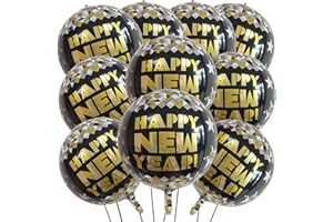 KALOR 22 Inch Happy New Year Mylar Balloons, 10 Pcs Large 4D Giant Round Foil Balloon Metallic Balloons for Happy New Year Decorations 2024