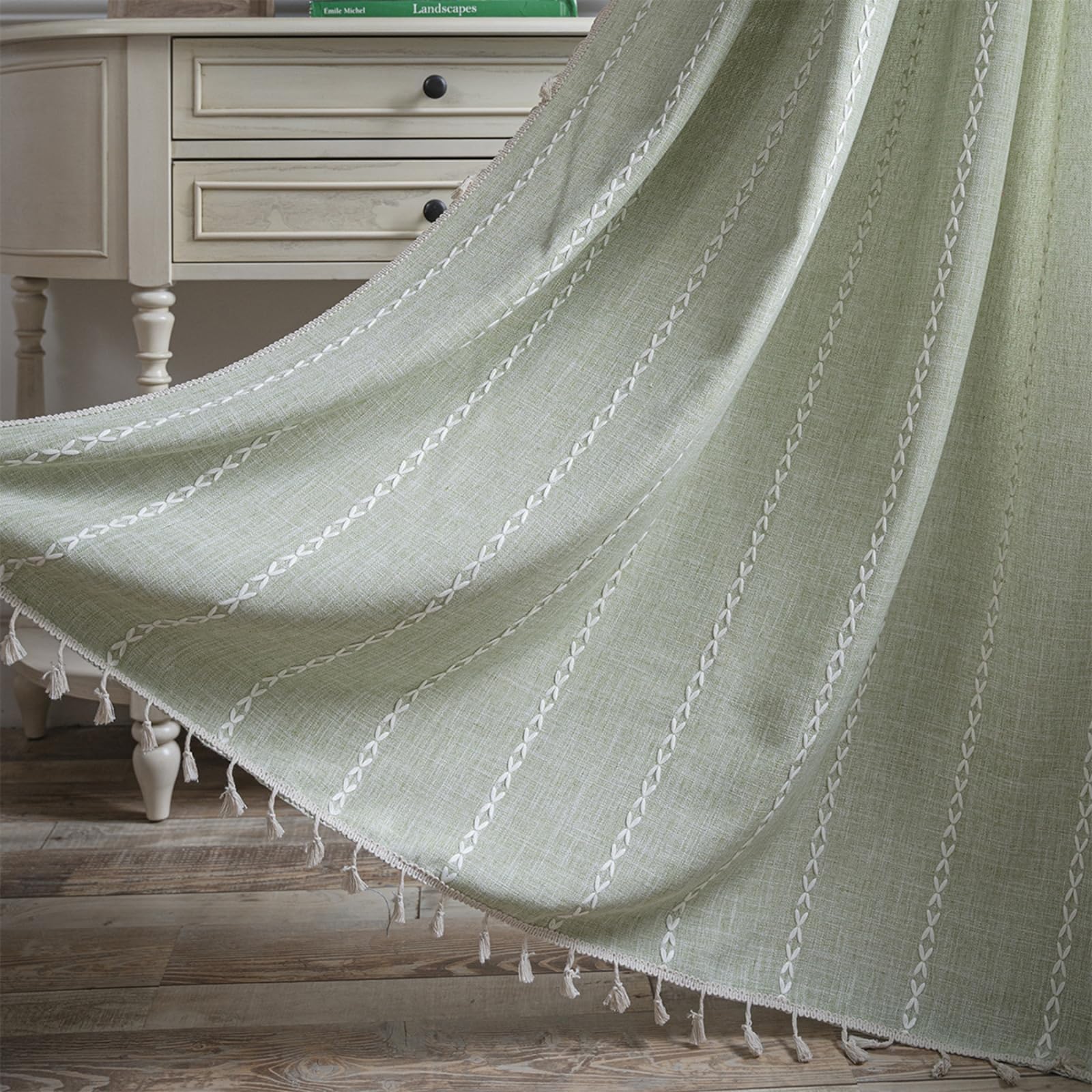 USTIDE Boho Curtains for Bedroom Living Room 84 Inches Long Soft Cotton Linen Embroidery Window Curtain Panel Farmhouse Semi Blackout Curtains with Tassel 1 Panel 52" W x 84" L, Green