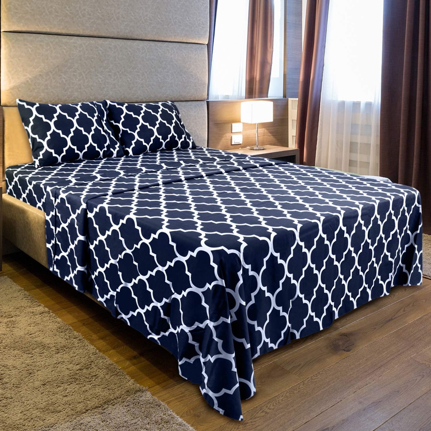 Utopia Bedding Printed Bed Sheet Set - 1 Fitted Sheet, 1 Flat Sheet and 2 Pillowcases - Soft Brushed Microfiber Fabric - Shrinkage and Fade Resistant (Queen, Navy Quatrefoil with White Pattern): Home & Kitchen