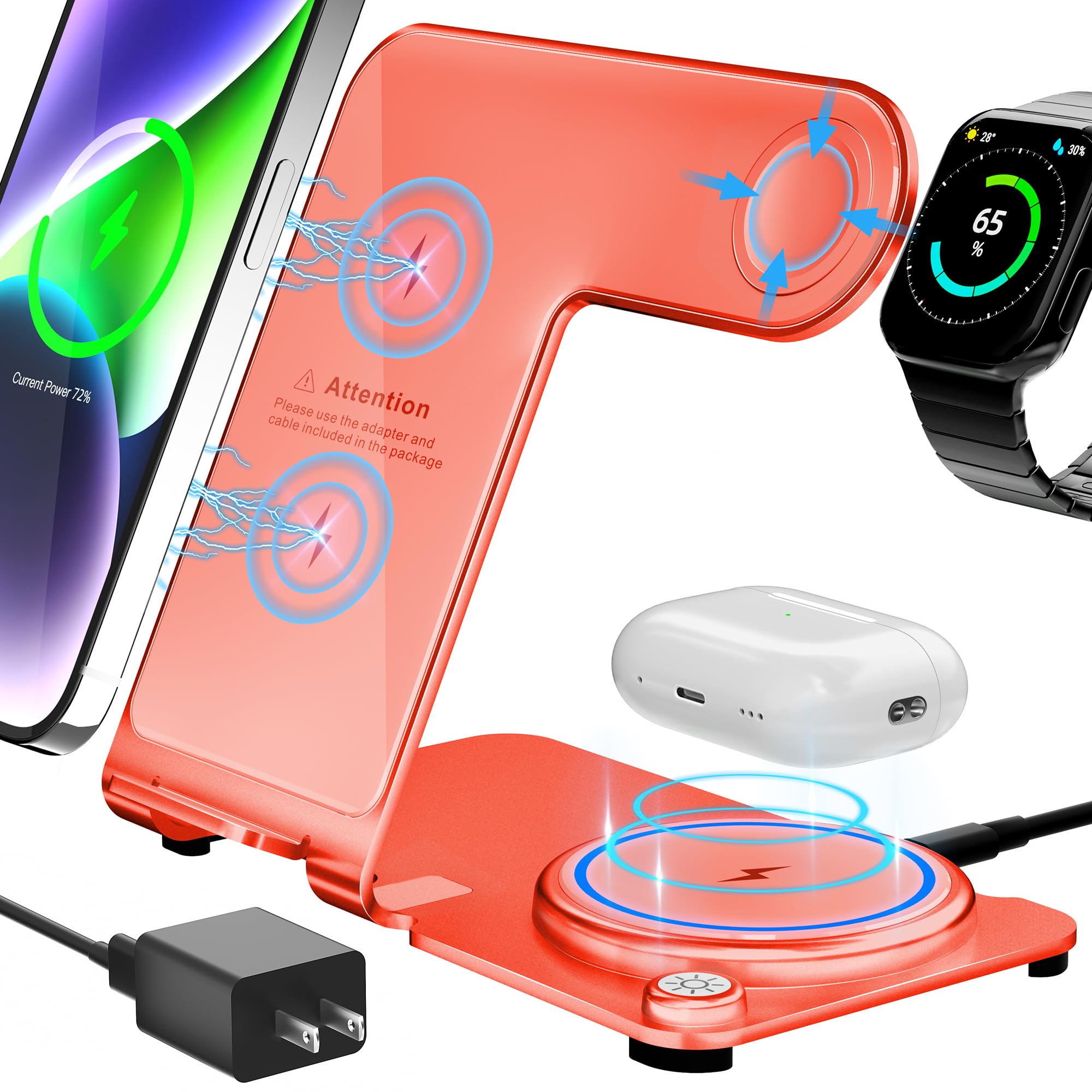 Wireless Charger,3 in 1 Magnetic Wireless Charger Stand, Fast Wireless Charging Dock for iPhone17/16 15/14/13/12 Series, Apple Watch Series, AirPods Pro. (Deep Pink)