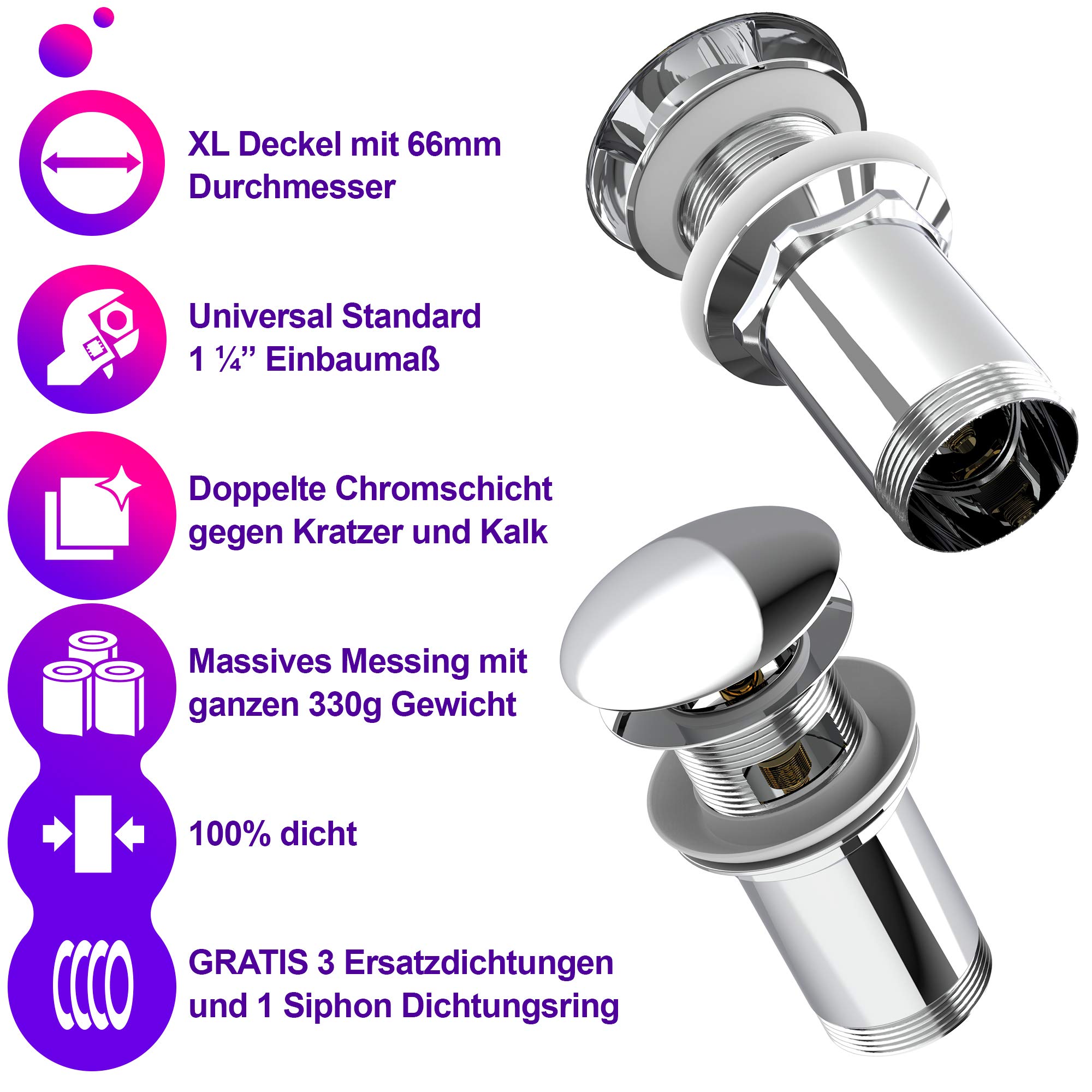 Premium Waschbecken Abflussgarnitur mit Überlauf - für Waschbecken & Waschtisch, Chrom Pop Up Ventil, Universal Ablaufventil Ablaufgarnitur aus Messing - Einbau mit Anleitung ohne Werkzeug