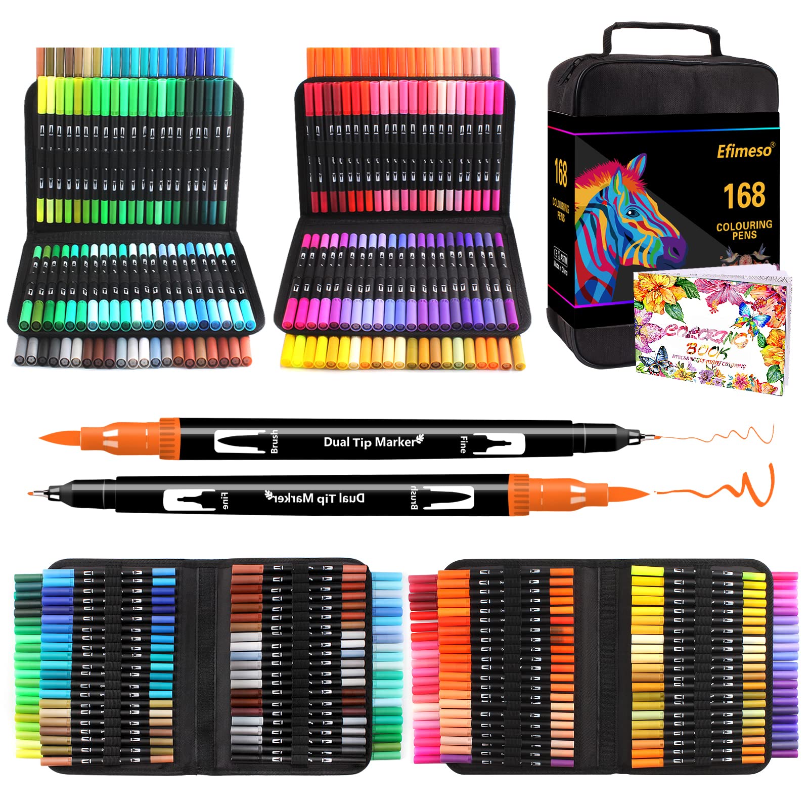 Efimeso 168 Colouring Pens,Dual Tip Brush Markers for Adults Colouring,Felt Brush Tip Pens for Artists Drawing Sketching Calligraphy