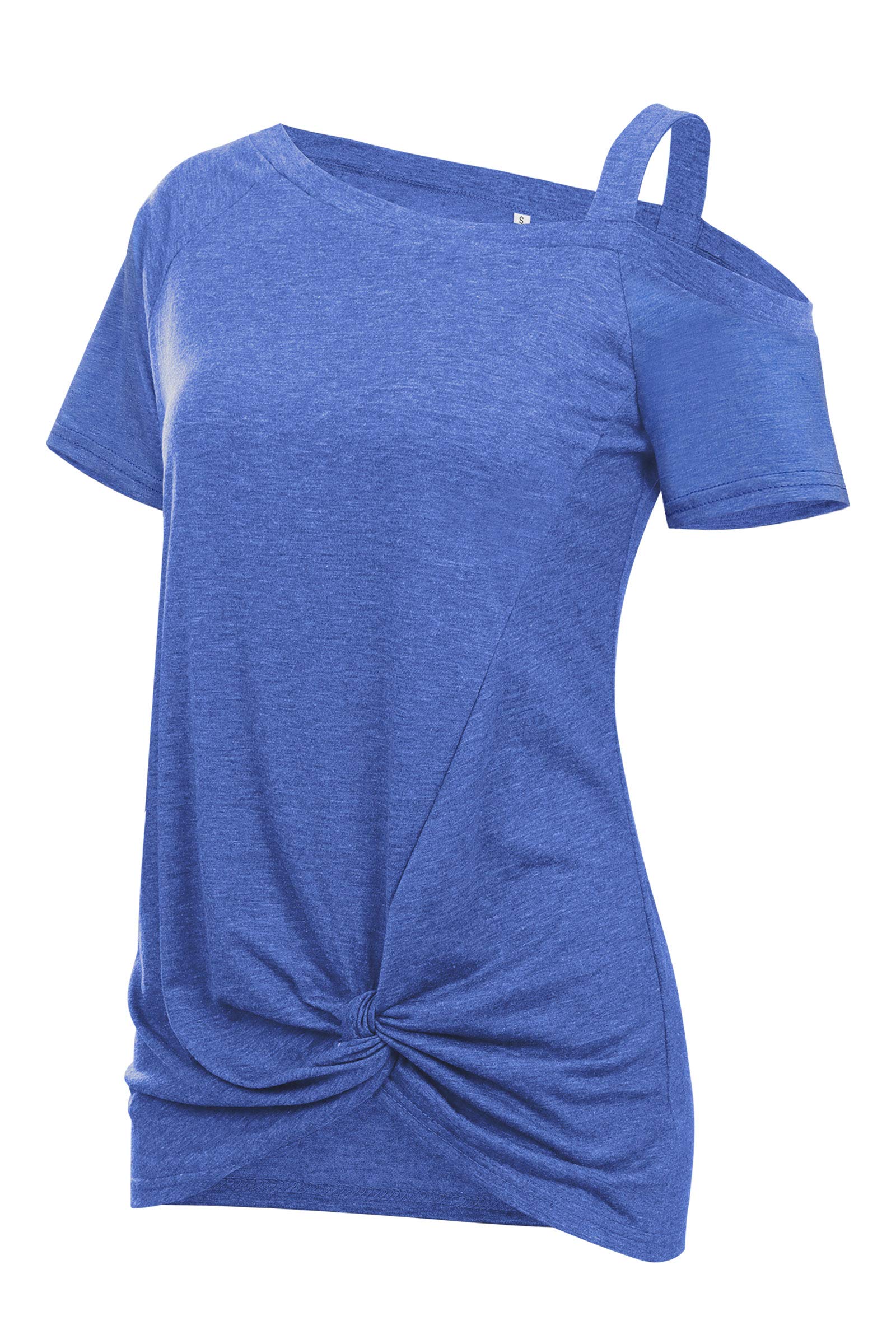 IMIDO Womens Cold Shoulder Tops Front Knot Side Twist Shirts One Shoulder Blouse Short Sleeve Tunic (L, B-Blue)