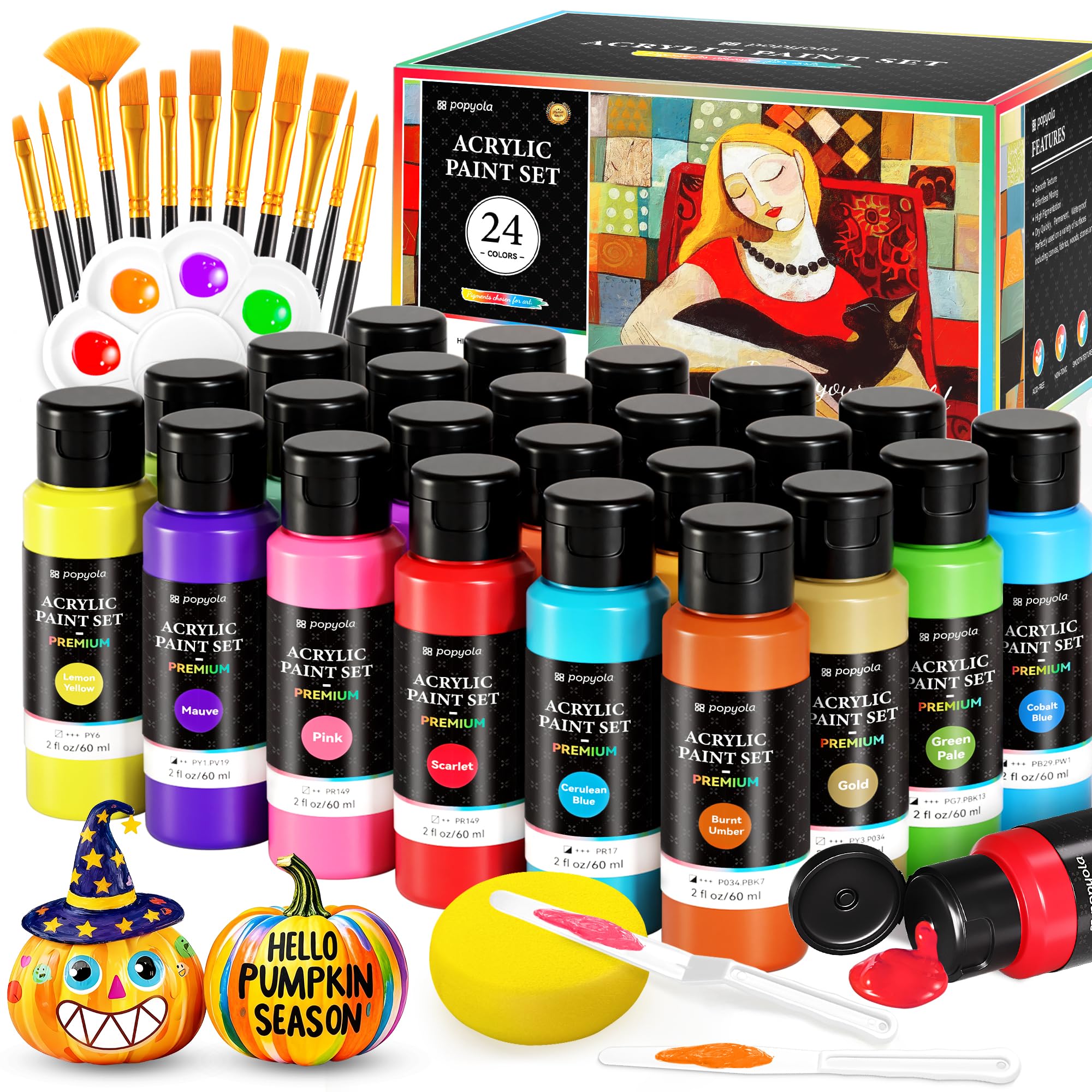 Photo 1 of 40 PCS Acrylic Paint Set with 12 Brushes, 2 Knives & Palette, 24 Colors (2oz/60ml) Art Craft Paint for Adults Kids Artists Beginners, Halloween Pumpkin Canvas Ceramic Rock Painting Kit
