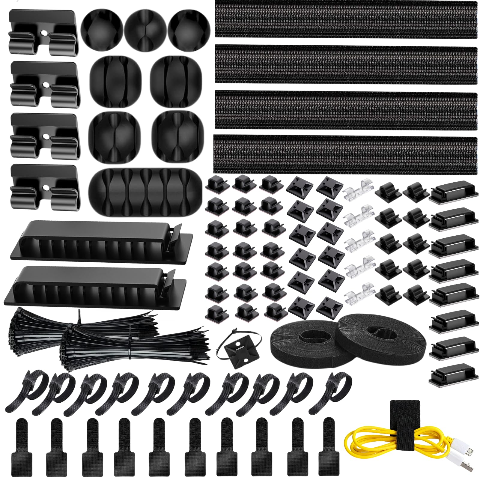 Photo 1 of [313Pcs] Cable Management Kit, 67 Adhesive Cable Clips, Topavatop Desk Cord Organizer, 22 Reusable Cable Strap, 4 Cable Sleeve Split, 200 Nylon Cable Zip Ties with 20 Mounts for TV Office Home, Black