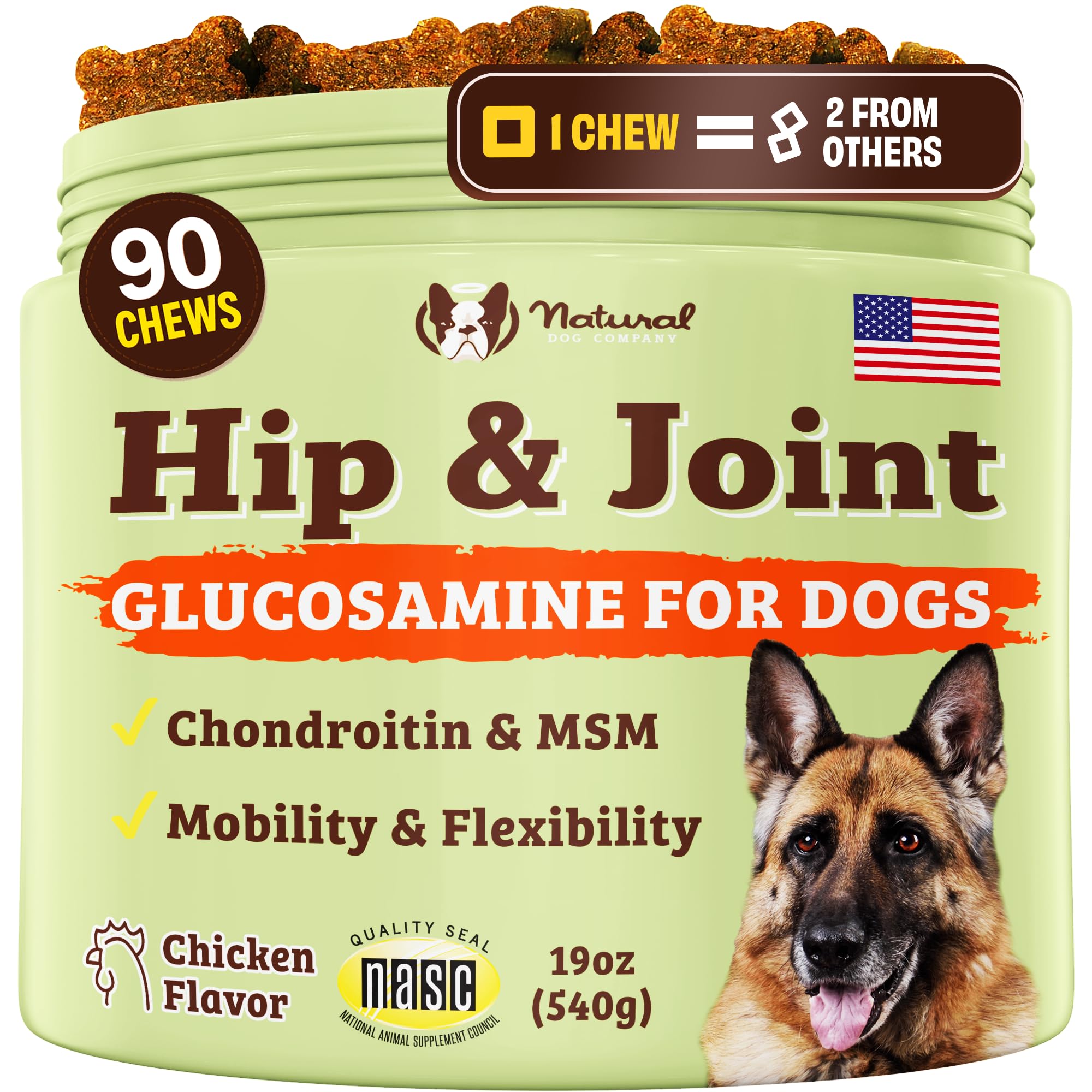 Natural Dog Company - Hip & Joint Supplement with Glucosamine, Chondroitin and Salmon Oil, Promotes Mobility and Joint Pain, Chicken Liver & Turmeric Flavor, 90 Chews