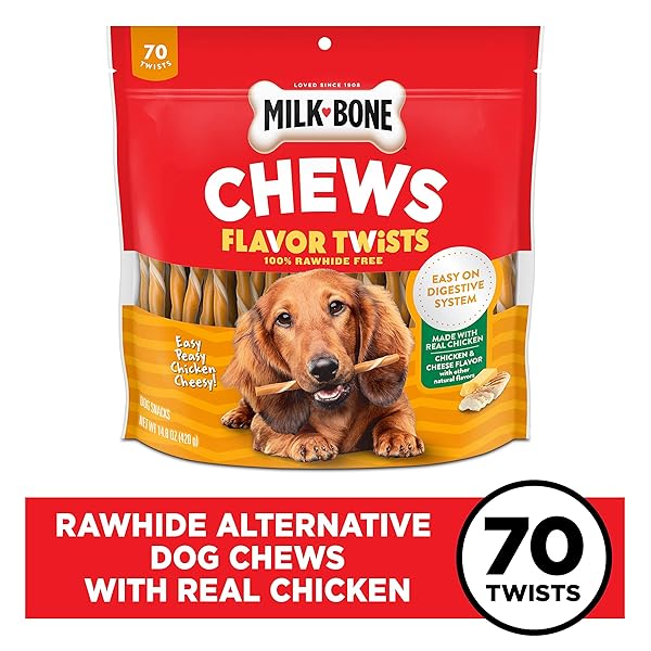 MILK-BONE EASY PEASY CHICKEN CHEESY FLAVOR TWISTS, RAWHIDE FREE DOG CHEWS, BAG OF 70