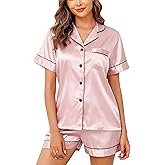 Vlazom Womens Silk Pajamas, Short Sleeve Satin 2 Piece Pj Sets Button-Down Sleepwear Loungewear Pjs Shorts Set S-XXL
