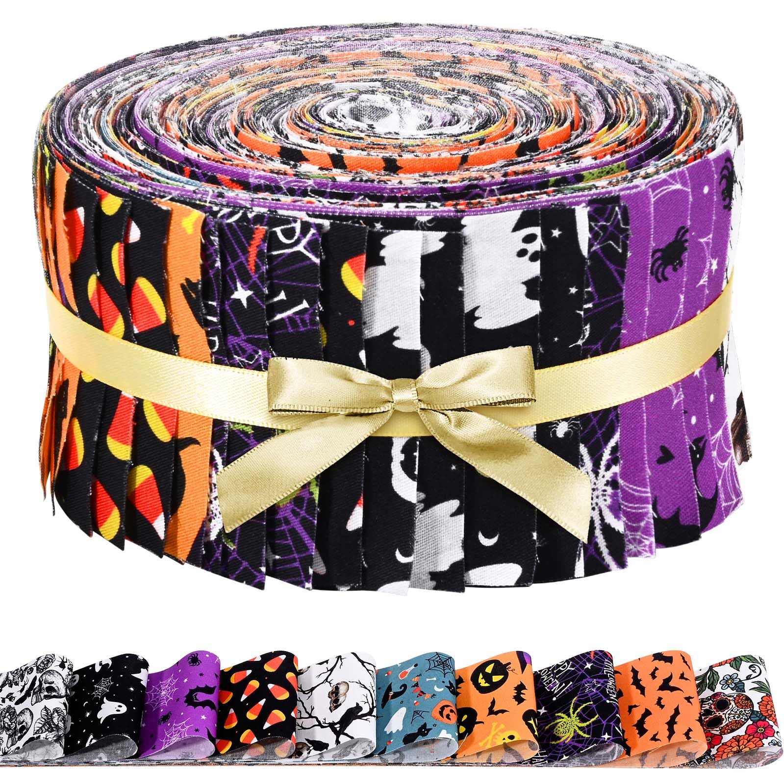 Photo 1 of 40 Pcs Halloween Cotton Fabric Strips Roll for Quilting Crafting 40 x 2.6 Inch Quilting Ghost Skull Pumpkin Candy Spider Bat Precut Patchwork for Sewing DIY Crafts Cotton Fabric Bundles