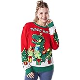 Giggling Getup Ugly Christmas Sweater with Light, LED Ugly Christmas Sweater for Women Men Kids 2025 Dinosaur(Red)
