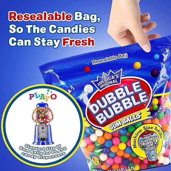 GUMBALLS FOR GUMBALL MACHINE REFILLS – 53 OUNCE DUBBLE BUBBLE CHEWING GUM BULK ANTIQUE STYLE GUM BALLS VINTAGE OLD FASHIONED CANDY -MINI BUBBLE GUMBALLS 3.3 LB FOR KIDS TOY BANK CANDY DISPENSER PLAYO