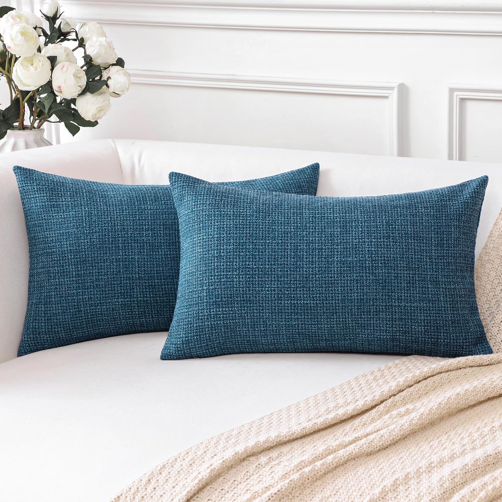 Artscope Christmas Cushion Covers Set of 2 Linen Decorative Square Pillowcases Pillow Covers 40x60cm for Home Decor Sofa Bedroom Car (Navy Blue, 16x24)