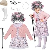 Cosweet 100 Days of School Old Lady Costume for Girls, 100 Year Old Grandma Accessories for Kids 3-10 Years Cosplay