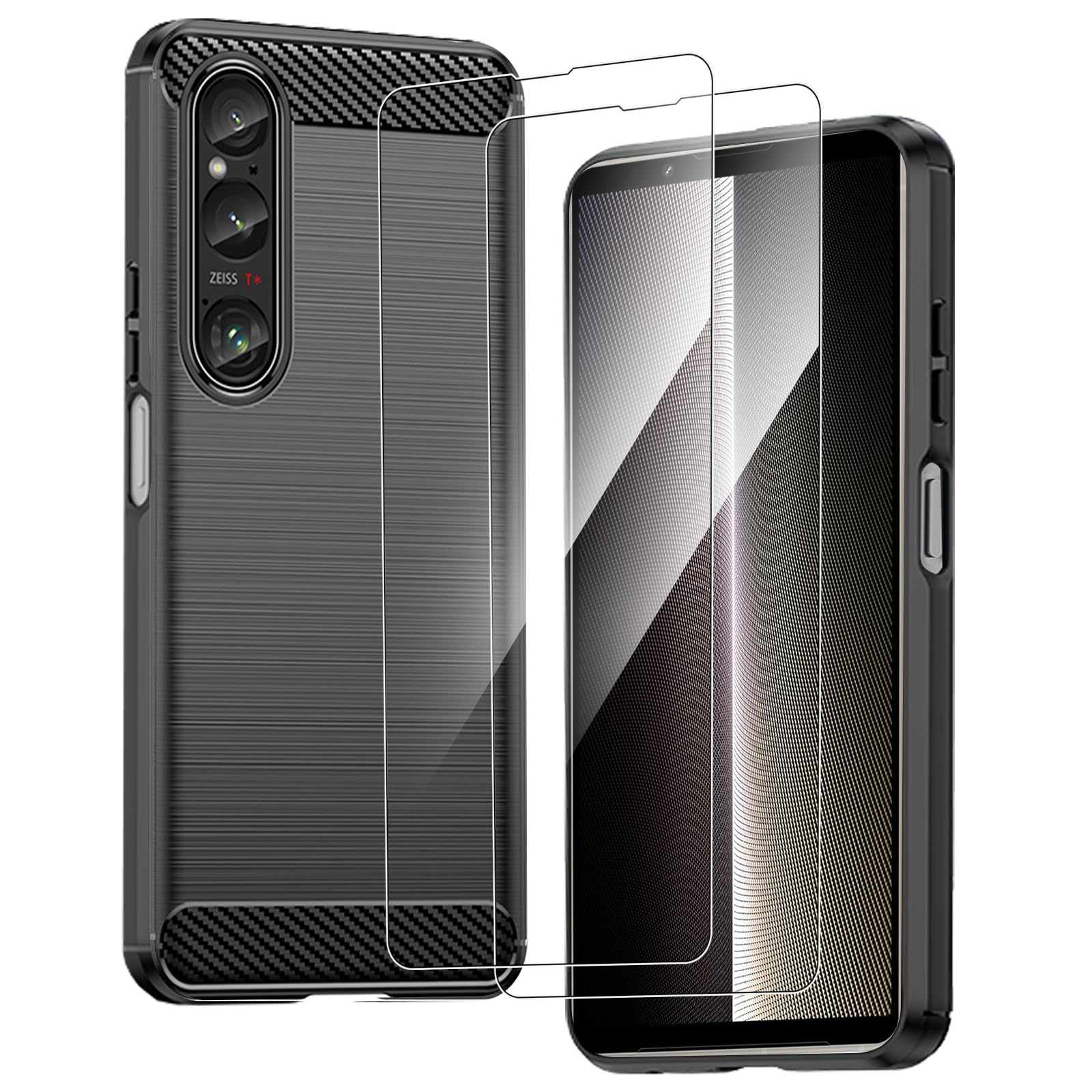 KZIOACSH Case for Sony Xperia 1 VI with 2 Tempered Glass Film, Full Protection Anti-Scratch Soft TPU Phone Case [Carbon Fiber Texture] Ultra Thin Shockproof Anti-Drop Rugged Skin Bumper Cover,Black