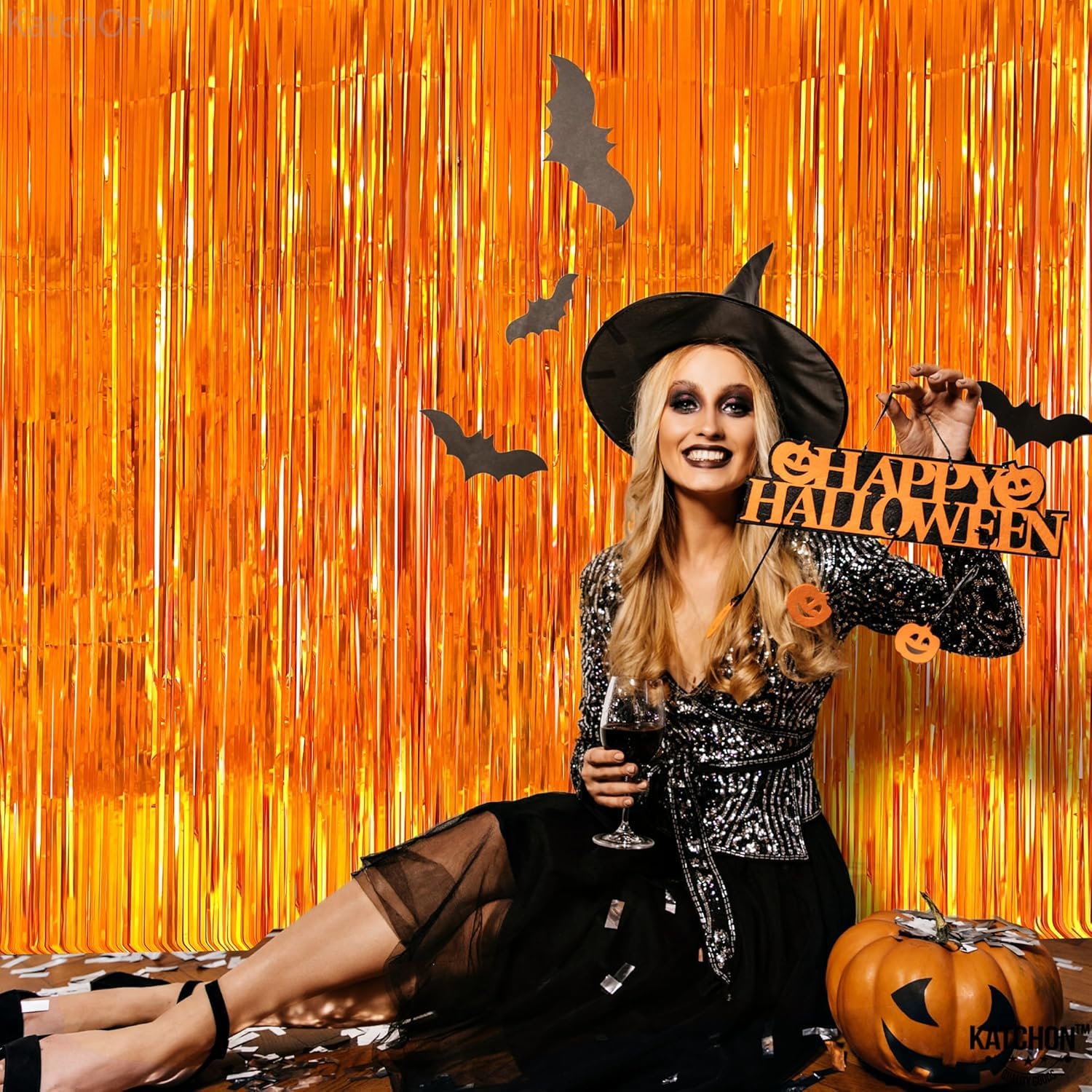 KatchOn, XtraLarge Orange Fringe Backdrop Curtain - 3.2x8 Feet, Pack of 2 | Orange Streamers for Basketball Party Decorations, Birthday Decorations, Basketball Decor | Halloween Decorations