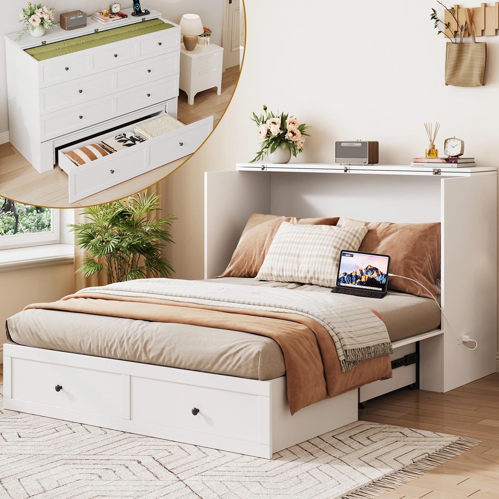 Photo 1 of LIVAUVEAD Full Size Murphy Bed with Charging Station & Drawer, Full Size Mobile Cabinet Bed Frame, Murphy Chest Bed for Bedroom, Guest Room