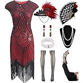 Women's Flapper Dresses 1920s Sequin Fringe Beaded Cocktail Crew Neck Dress Roaring 20s Accessories Vintage Lace Fan Headband
