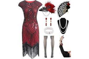 VILLBECOSER Women's Flapper Dresses 1920s Sequin Fringe Beaded Cocktail Crew Neck Dress Roaring 20s Accessories Vintage Lace Fan Headband