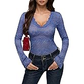 REORIA Women's Sexy Lace Sheer Mesh Tops Long Bell Sleeve Basic Tee Y2K Going Out T Shirts Deep V See Through Blouses
