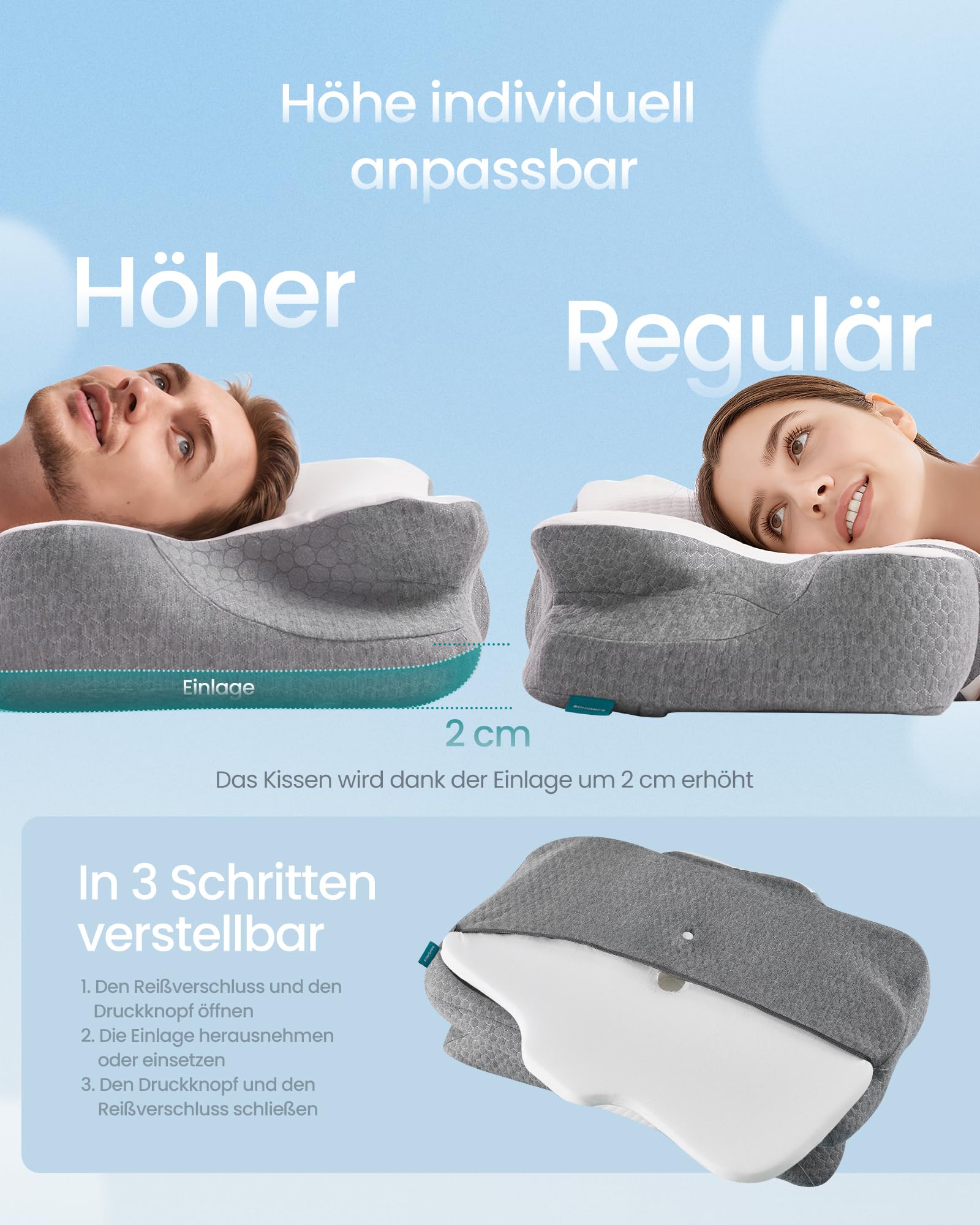 SONGMICS Kopfkissen, Kissen ergonomisch, Nackenkissen, höhenverstellbar, Schlafkissen, Memory Foam Kissen, für Seitenschläfer, Rückenschläfer & Bauchschläfer, wolkenweiß-Taubengrau TBP051GZ02 5