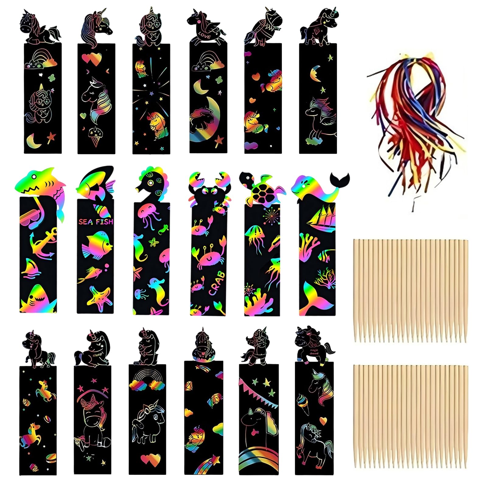 36Pcs/40Pcs Scratch Art for Kids Party Bag Fillers for Kids Scratch Art Party Bag Fillers Rainbow Bookmarks for Children Animal Craft DIY Scratch Art with Wooden Stylus and Ribbons for Girls Boys (A)