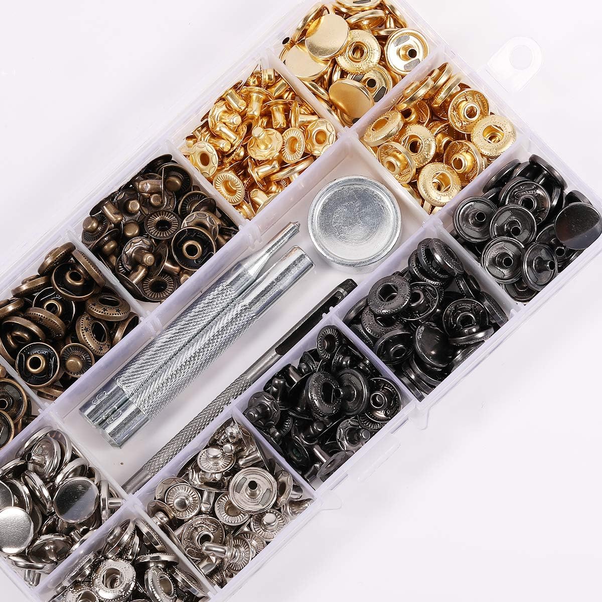 Leather Snap Button Fasteners Kit - Happon 120 Sets Metal Snap Kit with Punch Hole Pliers Press Rivets Repair Tool for Sewing Clothing Jeans Jacket - 4 Colors Snaps Studs Replacement